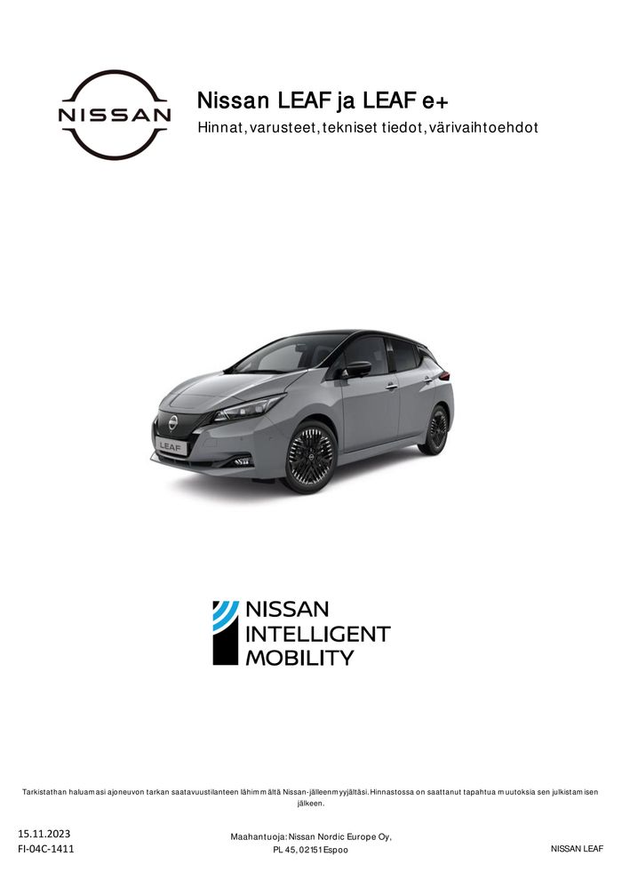 Nissan -luettelo | Nissan LEAF | 21.11.2023 - 21.11.2024