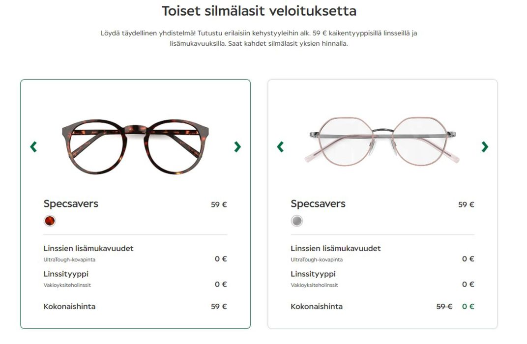 Specsavers -luettelo, Helsinki | Toiset silmälasit veloituksetta | 20.3.2024 - 14.4.2024