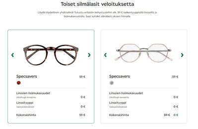Terveys ja Optiikka tarjousta, Kokkola | Toiset silmälasit veloituksetta de Specsavers | 20.3.2024 - 14.4.2024