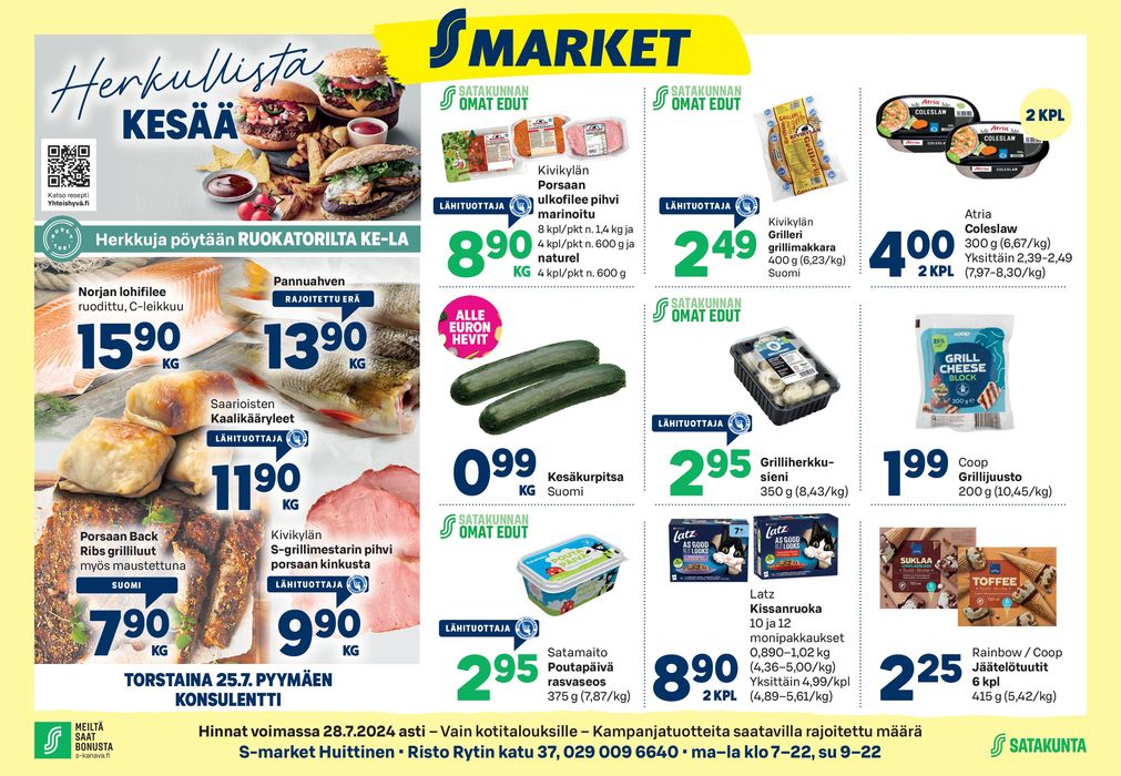 S-Market -luettelo, Huittinen | Huittinen Lauttakylä | 25.7.2024 - 28.7.2024