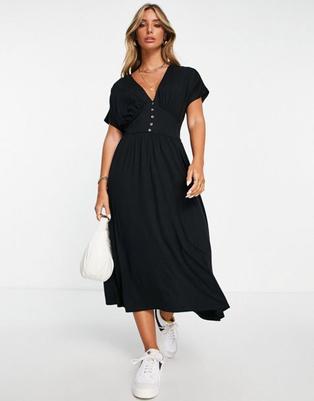 ASOS DESIGN waisted midi tea dress with buttons in black tuote hintaan 28€ liikkeestä Asos