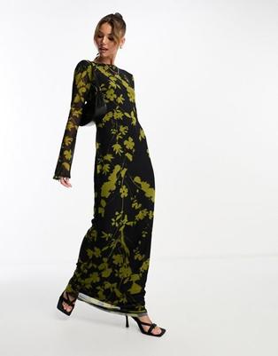 ASOS DESIGN low back floral mesh maxi dress with angel sleeves in green and black print tuote hintaan 32€ liikkeestä Asos